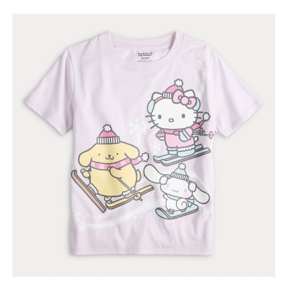 🌻 NWT Sanrio Hello Kitty & Friends Winter Skiing Graphic Lilac Shirt size 8 ✨️